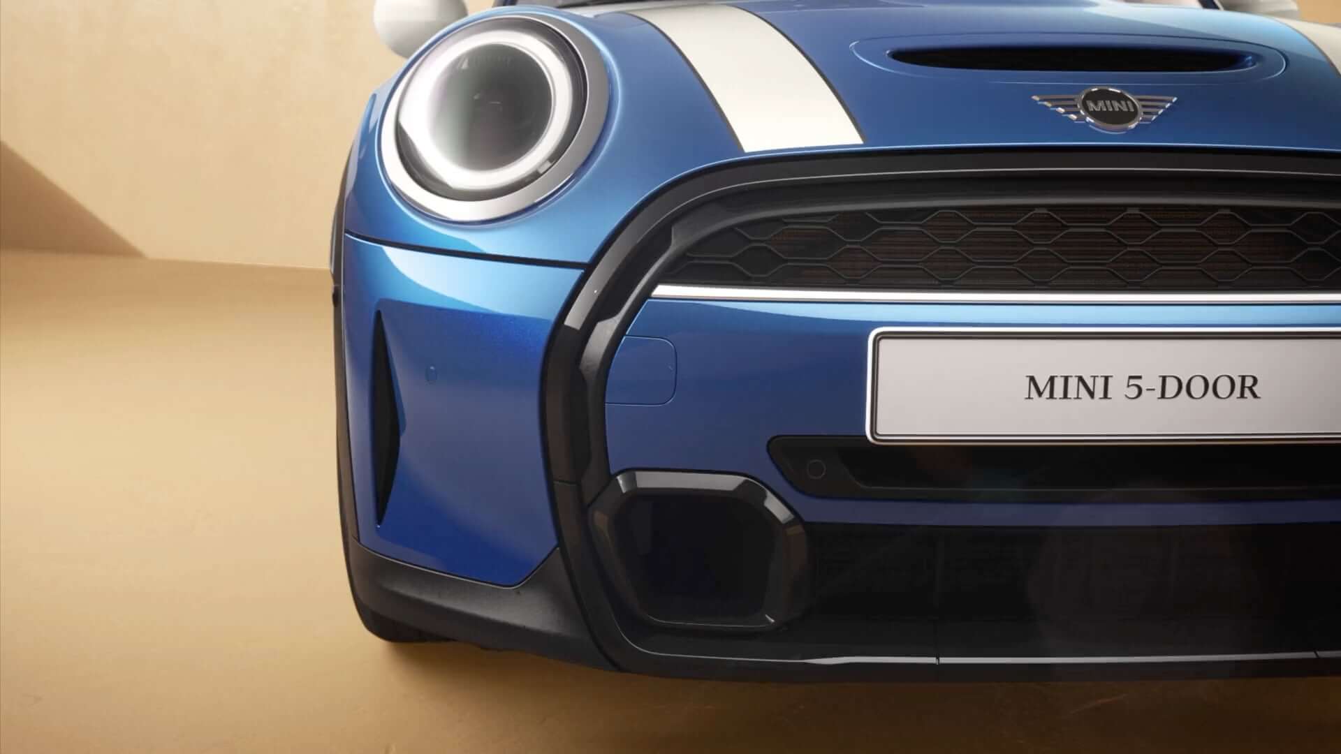 MINI 5-deurs – voorzijaanzicht – blauw en wit