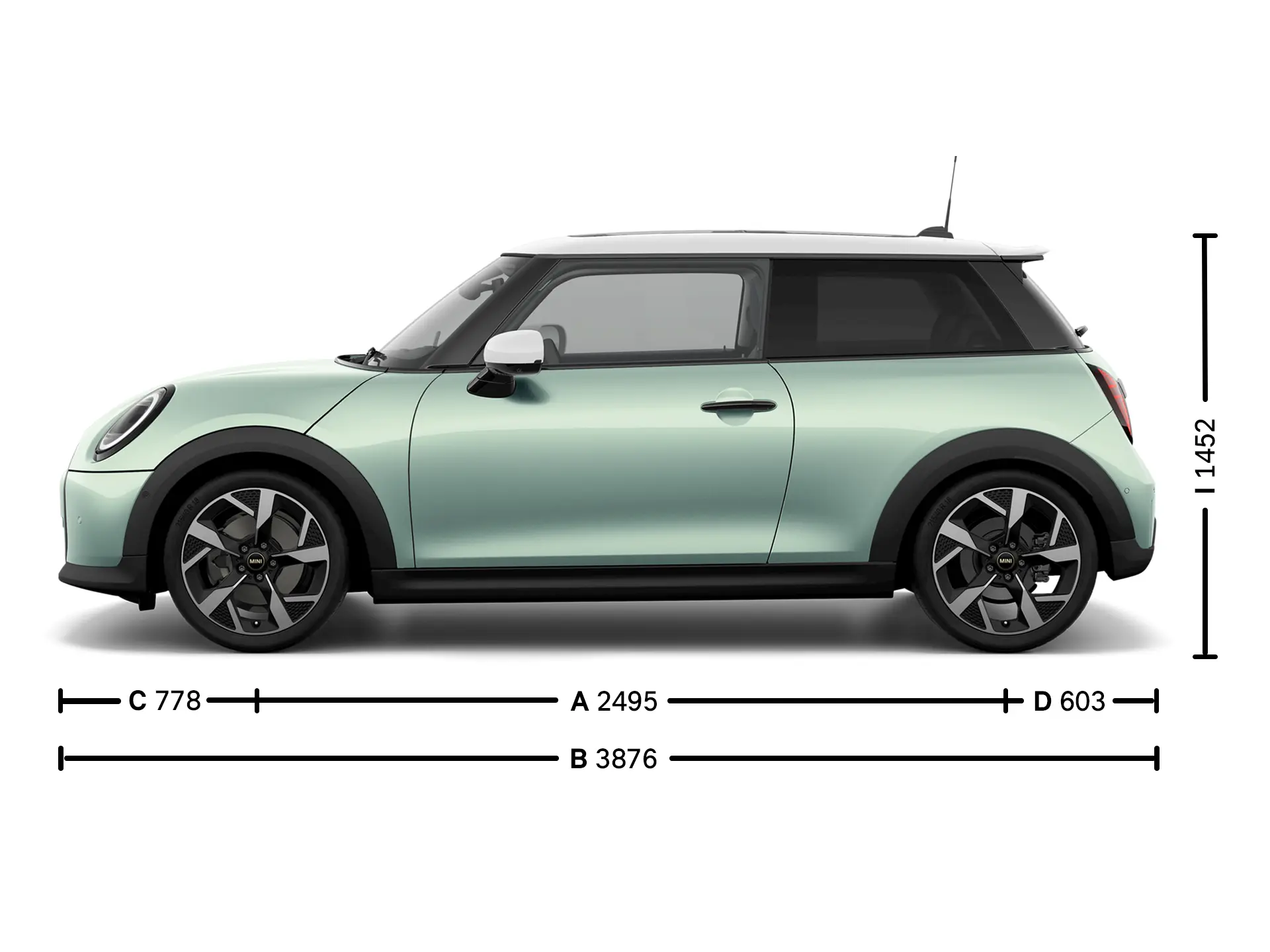 MINI Cooper 3-Deurs - afmetingen zijkant