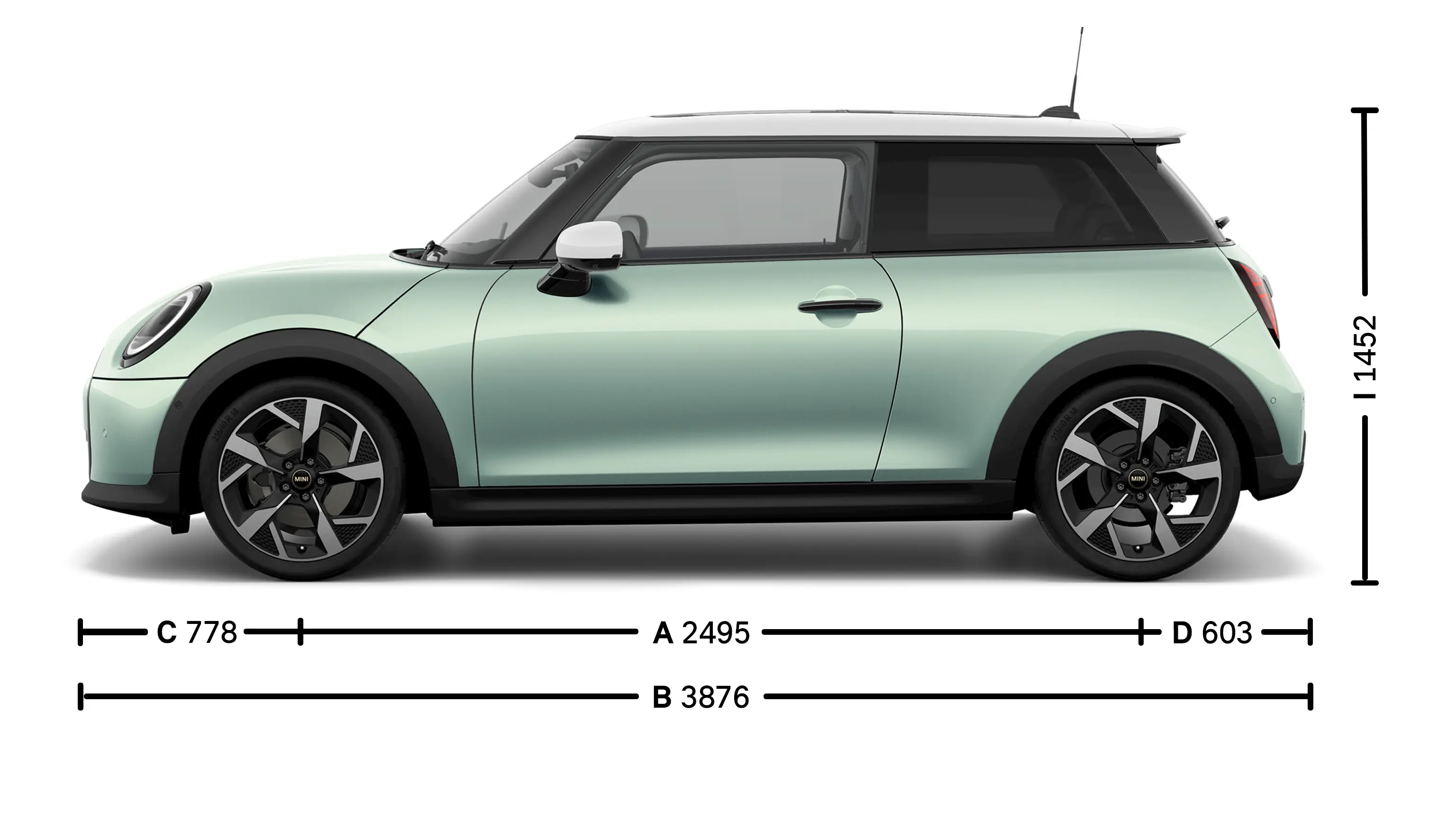 MINI Cooper 3-Deurs - afmetingen zijkant