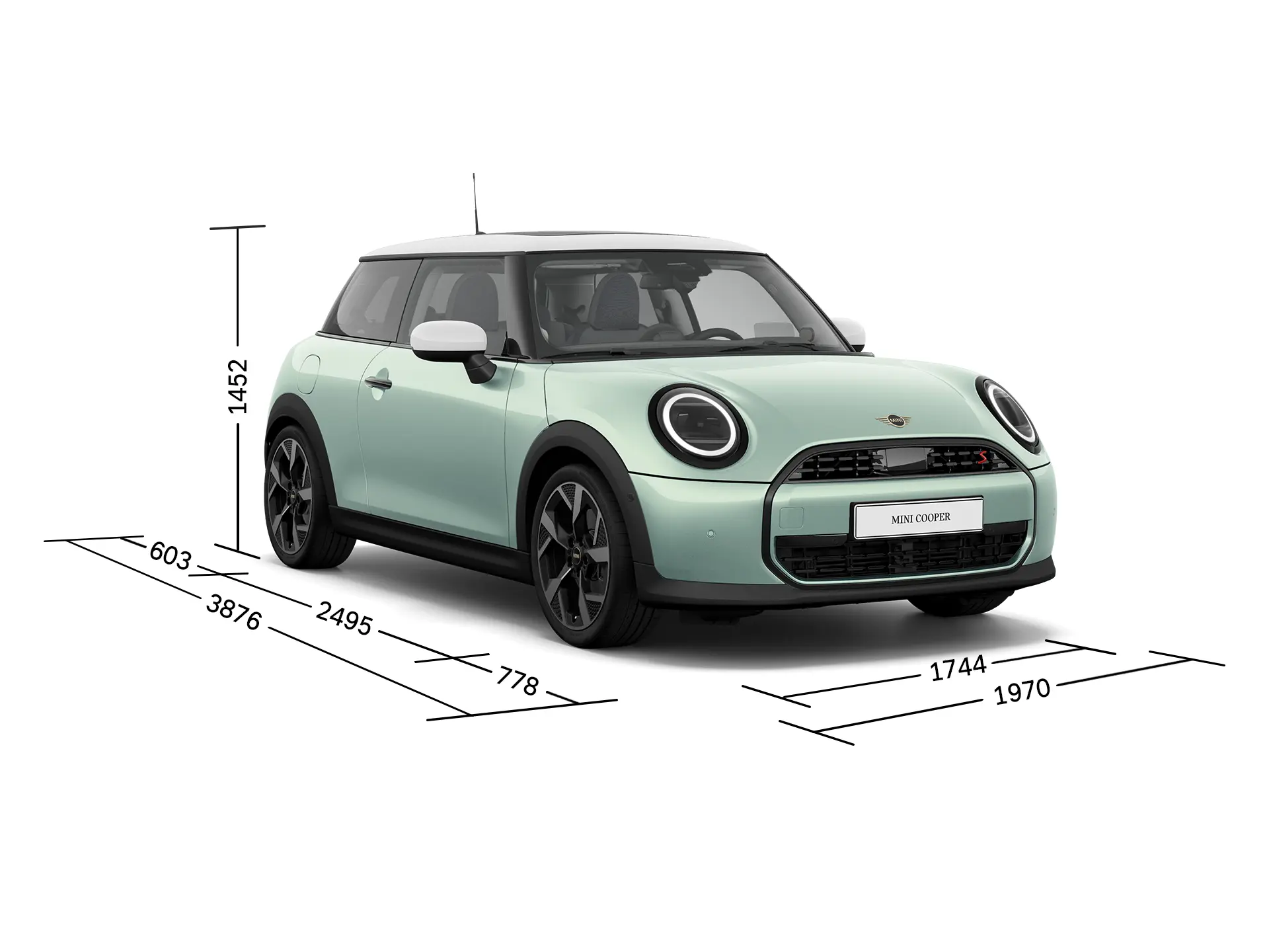 MINI Cooper 3-Deurs - vooraanzicht met afmetingen