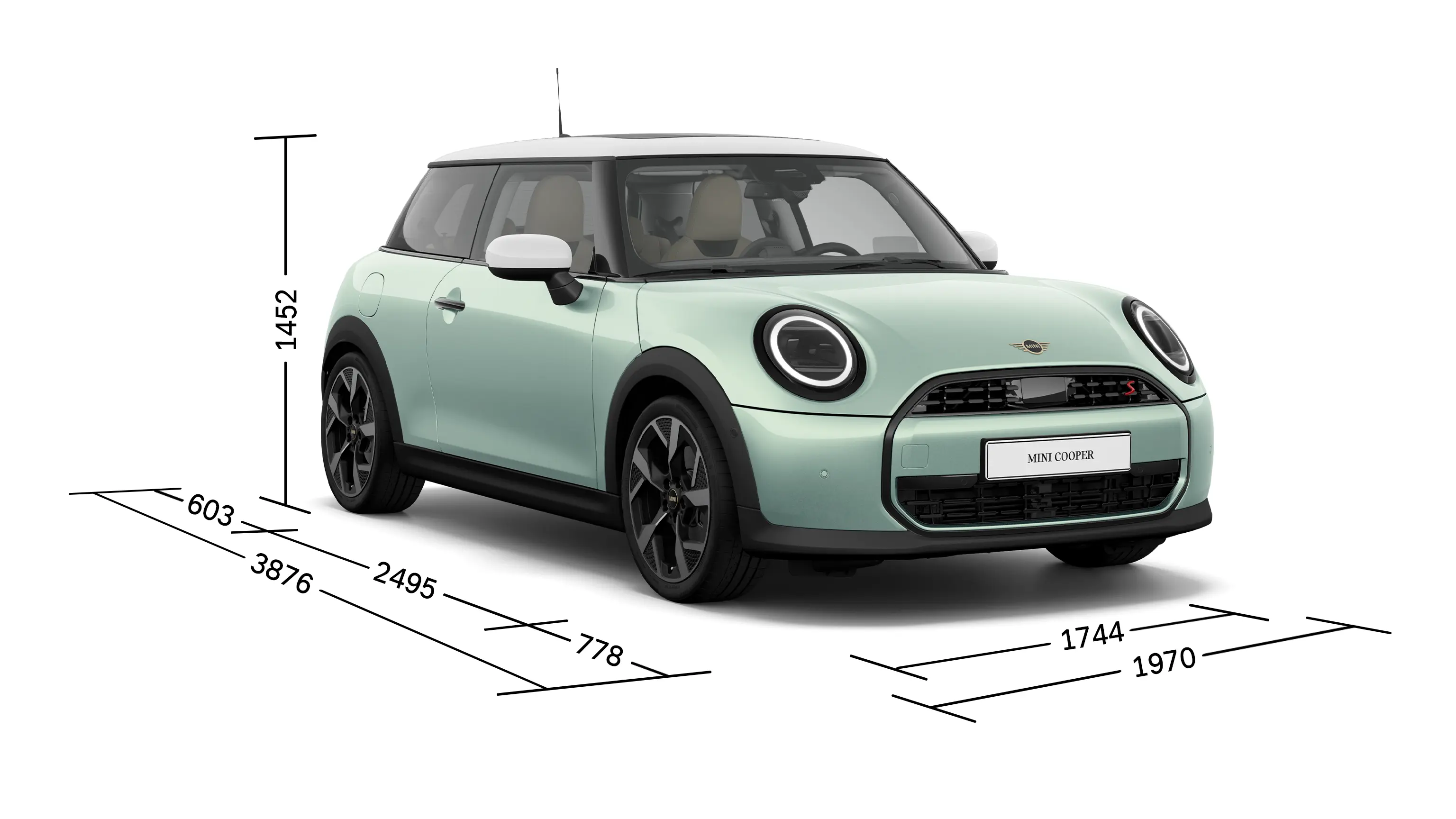 MINI Cooper 3-Deurs - vooraanzicht met afmetingen