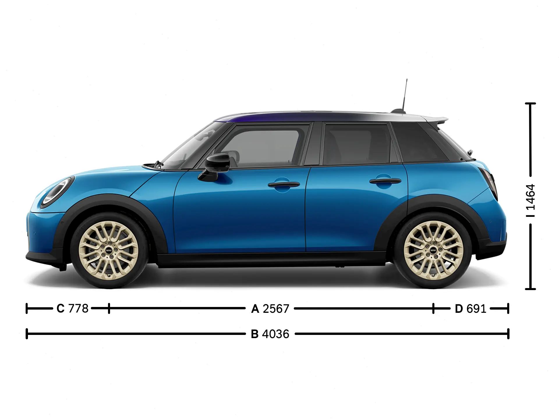 MINI Cooper 5-Deurs - afmetingen zijkant