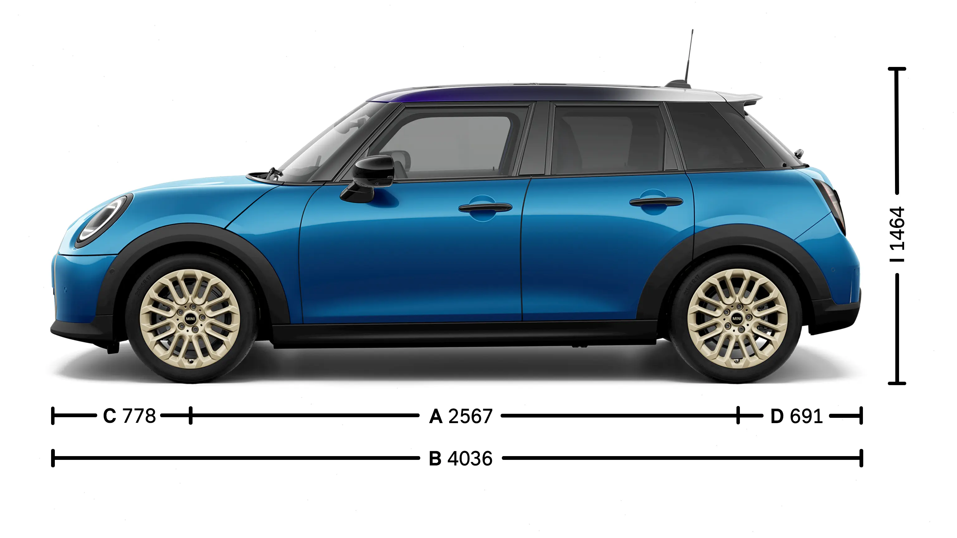 MINI Cooper 5-Deurs - afmetingen zijkant