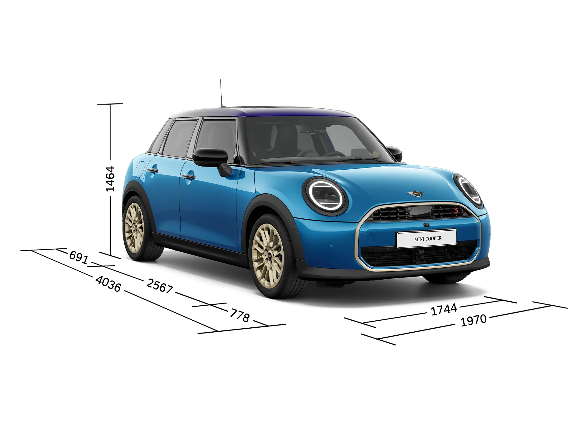 MINI Cooper 5-Deurs - vooraanzicht met afmetingen
