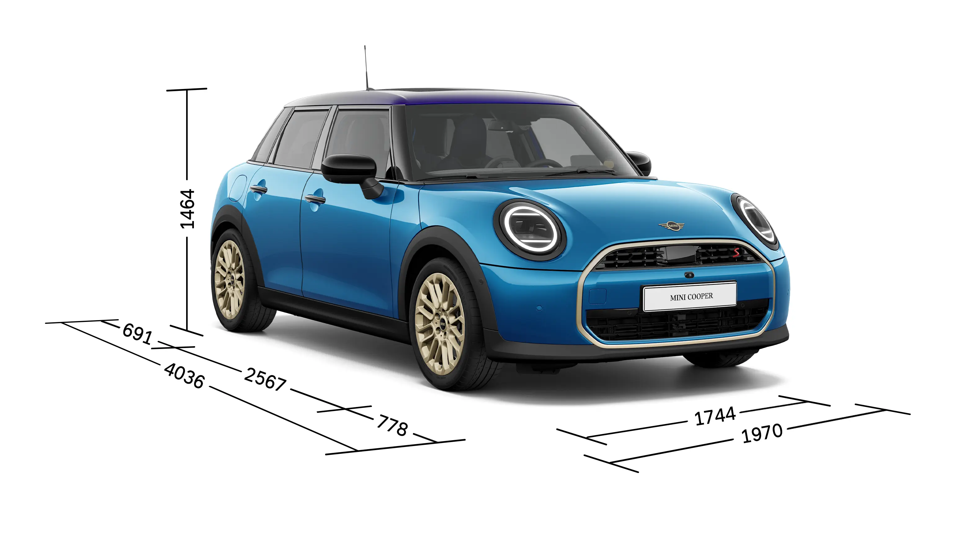 MINI Cooper 5-Deurs - vooraanzicht met afmetingen