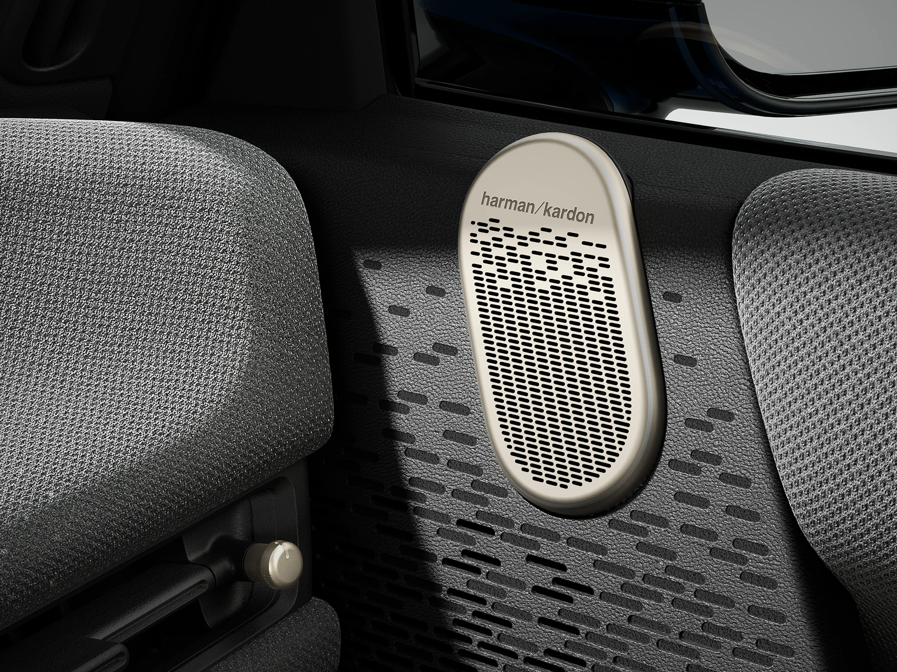 Close-up van het MINI Harman Kardon Surround Sound System.