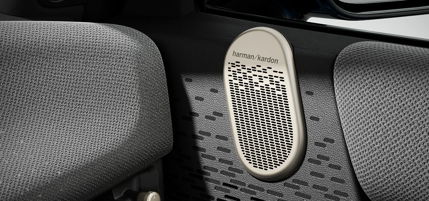 Close-up van het MINI Harman Kardon Surround Sound System.