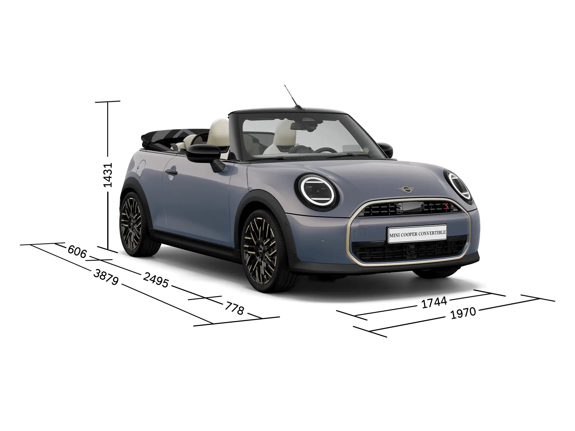 MINI Cooper Cabrio - vooraanzicht met afmetingen