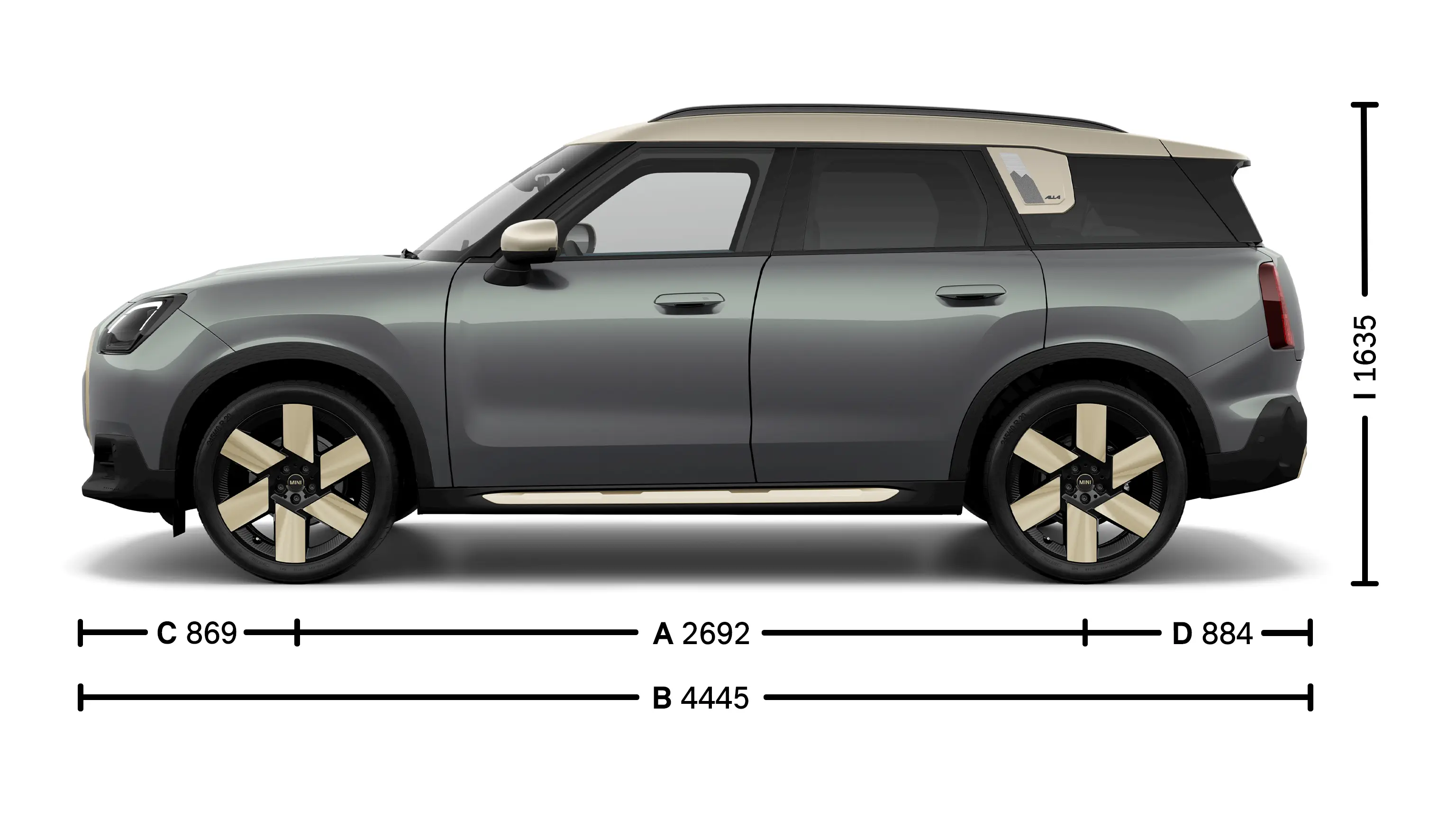 MINI Countryman Electric afmetingen zijkant