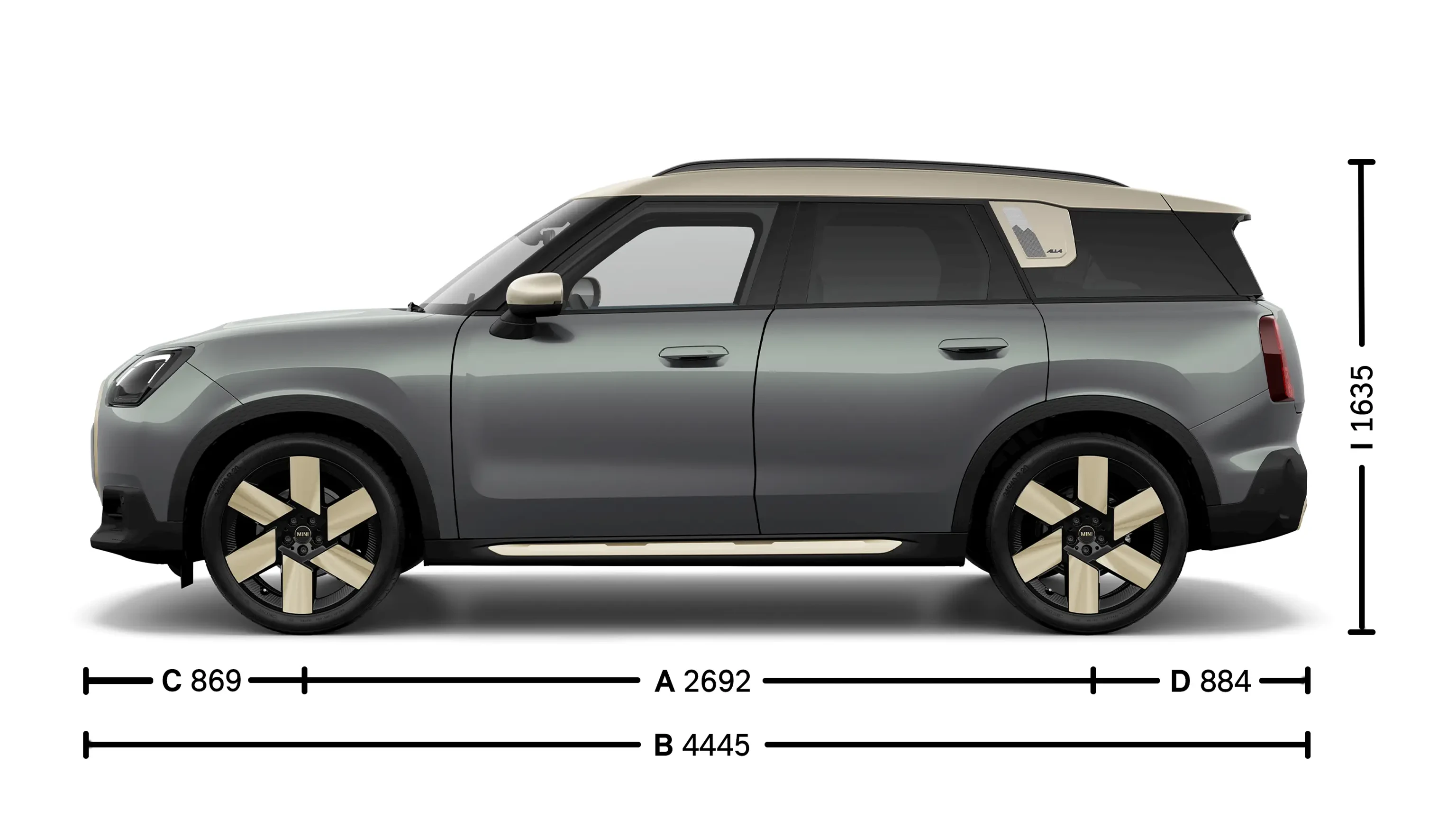 MINI Countryman Electric afmetingen zijkant