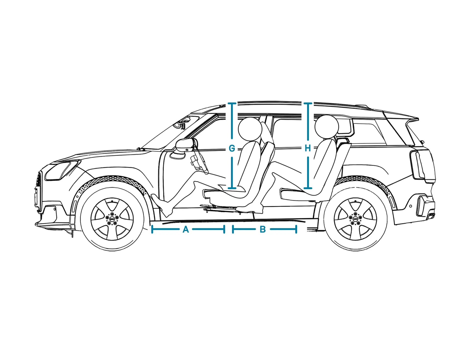 MINI Countryman Electric - afmetingen interieur zijkant