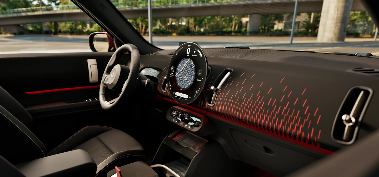 Zijaanzicht van het interieur van het MINI Countryman dashboard met John Cooper Works Trim.