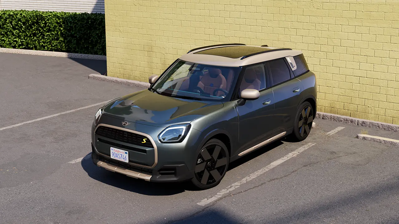 Videopresentatie van het interieur en het exterieur van een MINI Countryman in detail. De camera draait over het dashboard en licht de ontwerpelementen uit.