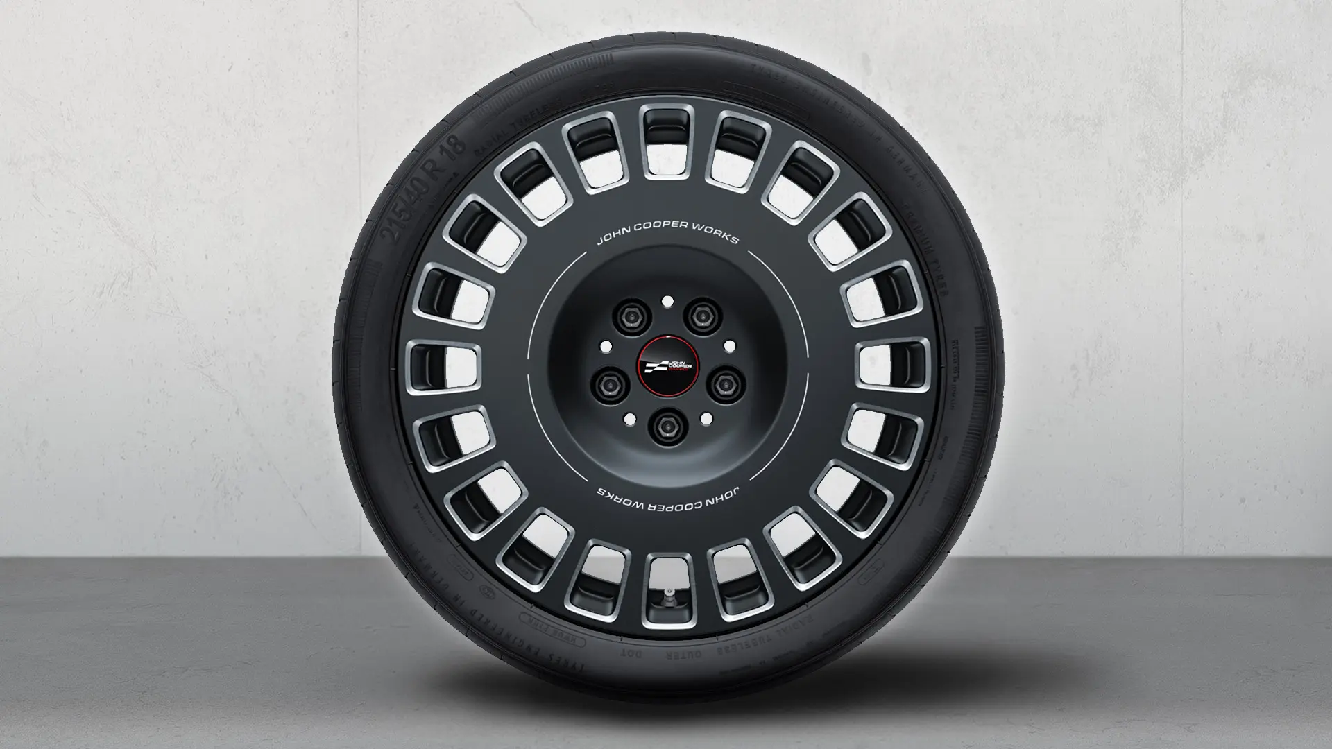 18" JCW lichtmetalen wiel met Rallye-spaak 964 Bicolor (Frozen Midnight Grey, gepolijst), complete zomerwielset