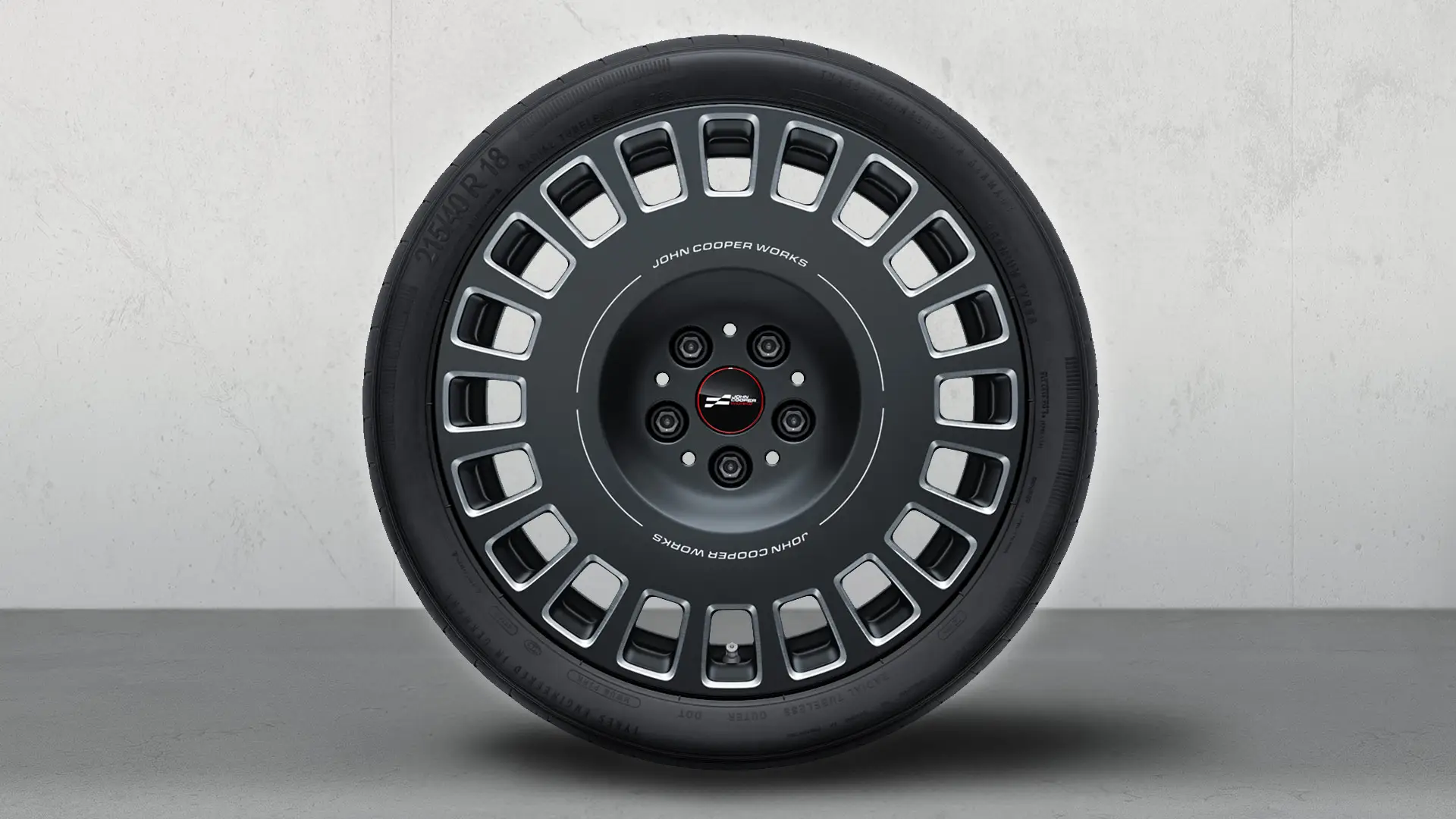 18" JCW lichtmetalen wiel met Rallye-spaak 964 Bicolor (Frozen Midnight Grey, gepolijst), complete zomerwielset
