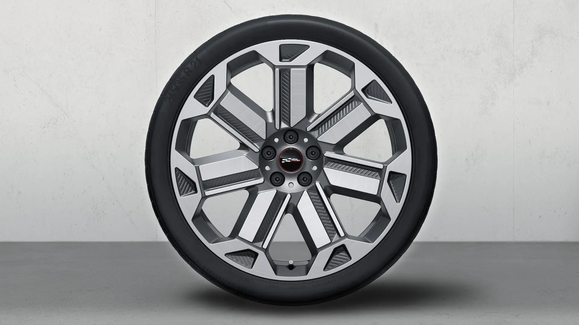 21" JCW lichtmetalen gegoten wiel met Rallye-spaak 950 Bicolor (Frozen Gunmetal Grey, helder gepolijst), complete zomerwielset 