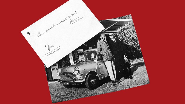 Een brief voor Sir Alec Issigonis uit 1964 waarin Enzo Ferrari zijn waardering uit.