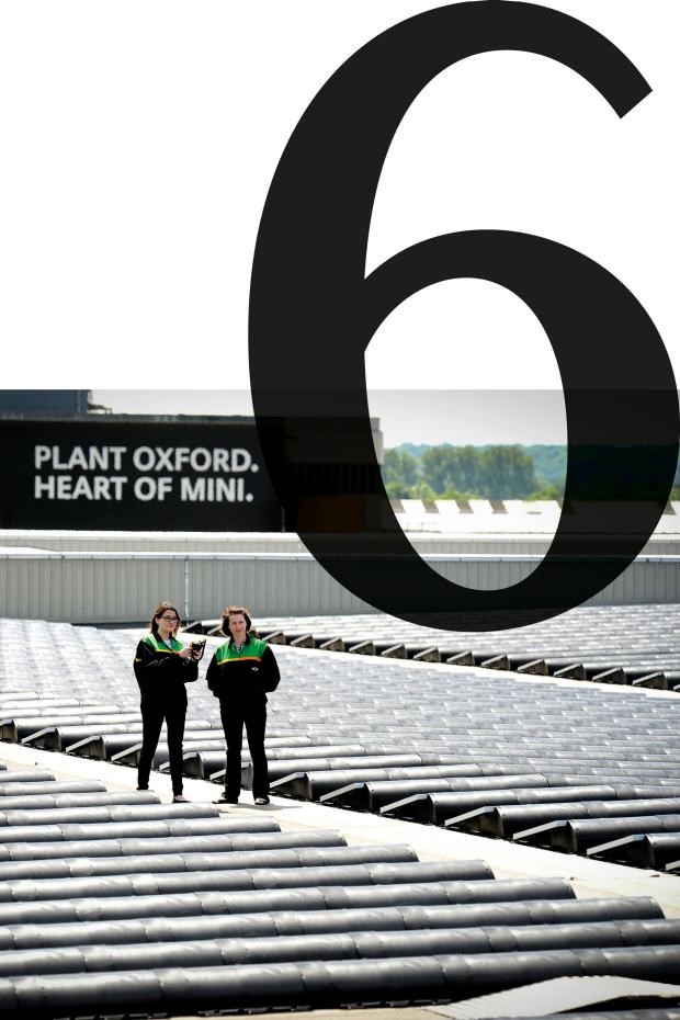 Close-up van twee vrouwelijke werknemers op het dak van de MINI fabriek in Oxford te midden van 11.500 zonnepanelen.