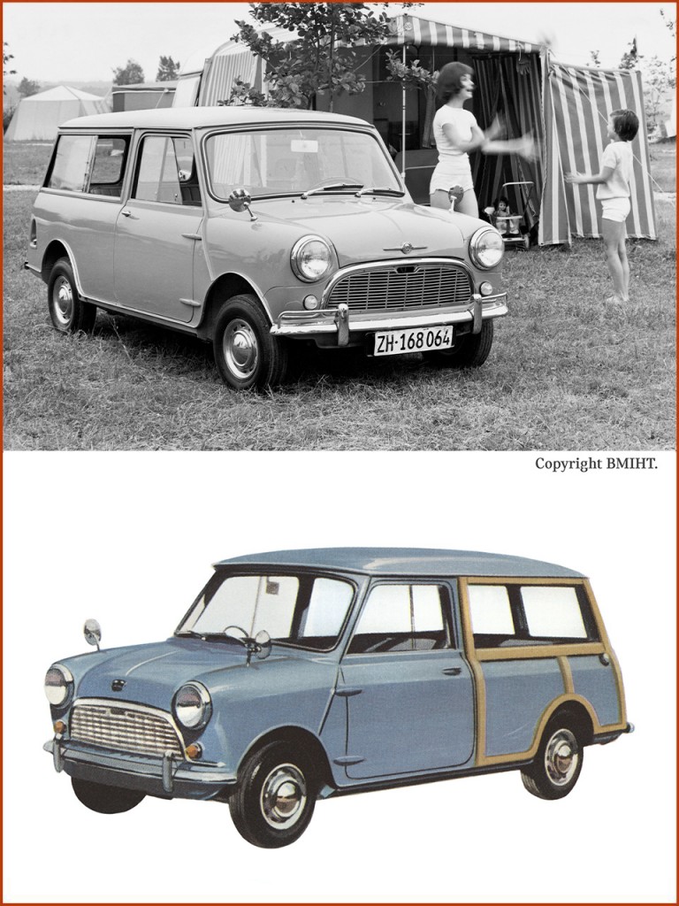 De voorgangers: de Austin Mini Countryman en de Morris Mini Traveller. Let op het externe houten frame, dat een mooi contrast vormt met de metalen panelen in carrosseriekleur. Destijds heel populair.